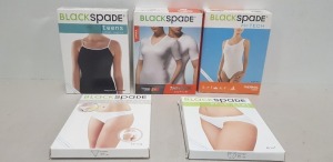 APPROX 150 X BRAND NEW BLACKSPADE ESSENTIAL WOMENS UNDERWEAR AND SHOULDER STRAP VESTS - MOST IN WHITE - SOME BLACK - IN VARIOUS SIZES TO INCLUDE S / M / L / XL - IN 5 TRAYS