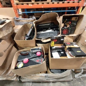 1 X FULL PALLET OF IT EQUIPMENT CONTAINING LARGE QUANTITY OF VARIOUS KEYBOARDS, DYNAMODE SWITCH BOARDS, BLUETOOTH SHOWER SPEAKERS, EXTENSION LEADS, LMS POWER PC SWITCHING POWER SUPPLY, ETC (PLEASE NOTE ALL CUSTOMER RETURNS)