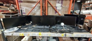 30+ PIECE MIXED IT LOT CONTAINING 10 ACER COMPUTER MONITOS 2018, 1 LARGE ACER MONITOR, VARIOUS LOGITECH AND DELL KEYBOADS, 1 SNOWBALL MICROPHONE, VARIOUS CABLES, EXTESION LEADS, MICE, ETC