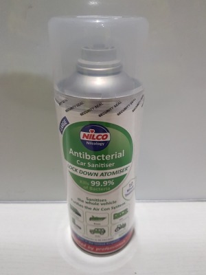 120 X BRAND NEW NILCO ANTIBACTERIAL CAR SANITISER - PURIFIES THE AIR CON SYSTEM - STAGE 1 CAN - CITRUS SCENT - 300 ML CANS