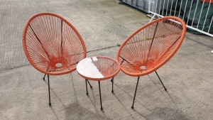 3 PC ORANGE STRING BISTRO SET COMPRISING ROUND COFFEE TABLE WITH TEMPERED GLASS TOP AND 2 SINGLE CHAIRS - BRAND NEW, TABLE BOXED