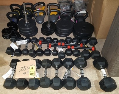 56 PIECE MIXED GYM LOT CONTAINING EVERLAST RUBBER HEX SETS OF 2 DUMBELLS - 2.5 KG / 3 KG / 5 KG / 7 KG / 9 KG / 10 KG METAL WEIGHT PLATES SET OF 2 - 0.5 KG / 1.25 KG PLASTIC WEIGHT PLATES SET OF 2 - 1.25 KG / 2.5 KG / 5 KG KETTLE BELLS -15 LBS