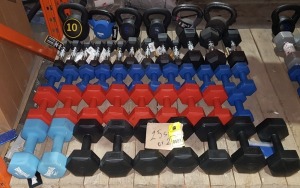 50 PIECE MIXED GYM LOT CONTAINING EVERLAST RUBBER HEX SETS OF 2 DUMBELLS - 1.5 KG / 2.5 KG / 4.5 KG / 7 KG PLASTIC DUMBELLS 1 KG / 2 KG / 3 KG KETTLE BELLS - / 10 LBS / 5 LBS KETTLE BELLS - 8 KG - ON HALF BAY