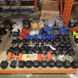 44 PIECE MIXED GYM LOT CONTAINING EVERLAST RUBBER HEX SETS OF 2 DUMBELLS - 3 KG / 5 KG / 7 KG KETTLE BELLS - / 15 LBS / 10 LBS USA PRO BUMBELLS 1 KG / 5 KG 10 KG WIEGHTED BAG - ON HALF BAY