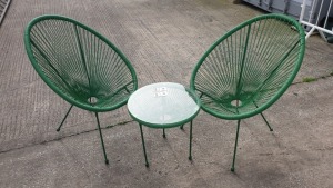 3 PC GREEN STRING BISTRO SET COMPRISING ROUND COFFEE TABLE WITH TEMPERED GLASS TOP AND 2 SINGLE CHAIRS - BRAND NEW, TABLE BOXED