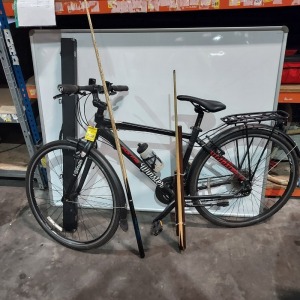 1 X WINSTER FOME ROAD BIKE WITH TYRE PUMP AND REAR STORAGE RACK FRAME SIZE : 19 INCH - 24 GEARS ALSO TO INCLUDE 1 X RILEY MBS CUE AND 1 X BAIZE MASTERS CUE - WITH CASE