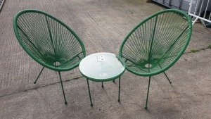 3 PC GREEN STRING BISTRO SET COMPRISING ROUND COFFEE TABLE WITH TEMPERED GLASS TOP AND 2 SINGLE CHAIRS - BRAND NEW, TABLE BOXED