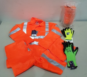 30 X PIECE BRAND NEW MIXED LOT CONTAINING PORTWEST HEARING PROTECTORS EAR PLUGS , PORTWEST SOFT GRIP LATEX FOAM GLOVE'S SIZE LARGE , PORTWEST WORKMEN OVERAILS SIZE 4XL , HI-VIA POLYCOTTON COVERALL RIS IN ORANGE SIZE X SMALL , ETC IN 3 BOXES