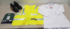 30 X BRAND NEW MIXED LOT CONTAINING PORTWEST NAPLES POLO SHIRT IN BOTTLE GREEN SIZE LARGE , PORTWEST HI-VIS COAT IN YELLOW SIZE LARGE , PORTWEST ZIP BOILERSUIT IN ORANGE SIZE X LARGE , BIZWELD TROUSERS TALL IN BOTTLE GREEN SIZE 36 , PORTWEST STANDARD COAT