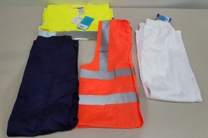 30 X PIECE BRAND NEW MIXED LOT CONTAINING PORTWEST PRESTON TROUSERS IN BLACK SIZE 34 , PORTWEST HI-VIS IN YELLOW AND ORANGE IN MIXED SIZES , PORTWEST OUTDOOR HI-VIS JACKET IN YELLOW SIZE LARGE , BAKER TROUSERS IN WHITE SIZE MEDIUM , MIXED TYPES AND STYLE