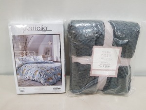 36 X PIECE BRAND NEW LOT CONTAINING 12 PORTFOLIO HOME SINGLE DUVET SET'S , 24 SLEEPDOWN COSY COLLECTION SOFT TOUCH WAFFLE FLEECE THROW IN CHARCOAL SIZE 130 X 160 CM.