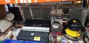 FULL BAY MIXED LOT CONTAINING 7 ELECTRIC HEATERS , 1 SHOP.VAC ,, WET/DRY VAC , YELLOW HENRY HOOVER , PROJECTOR LIGHTS , DISPLAY STANDS , ROLLS OF COPPER WIRING ETC ON A FULL BAY