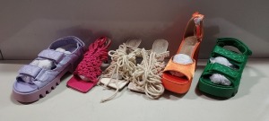 20 X BRAND NEW MIXED MISSGUIDED WOMANS SHOES TO INCLUDE CROCHET TIE UP HEELED SANDALS / QUILTED GRANDAD SANDALS / EXTREME PLATFORM SATID HEELED SANDALS IN POT HINK / LILAC / GREEN AND ORANGE - IN MIXED SIZES TO INCLDUE UK 4 / 5 / 6