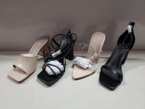 18 X BRAND NEW MIXED MISSGUIDED WOMANS SHOES TO INCLUDE SQUARE TOE PERPEX HIGH HEEL MULES / POINTED TOE PERSPEX STILETTO / MID CLEAR HEEL BLOCK HEEL / BLOCK HEEL TIE UP SANDALS / ENTRY BLOCK HEELED SANDALS ETC - IN BLACK / NUDE / SAND - IN VAIOUS SIZES TO