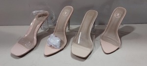 18 X BRAND NEW MIXED MISSGUIDED WOMANS SHOES TO INCLUDE MID CLEAR HEEL BOCK HEEL / WF CLEAR POINTED TOE HIGH HEEL SANDALS / WIDE FIT MID CLEAR HEEL BLOCK HEEL ETC -ALL IN NUDE COLOUR - IN VARIOUS SIZES TO INCLUDE UK 3/ 4 / 5 / 6