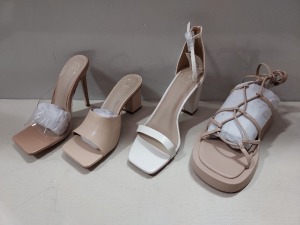 18 X BRAND NEW MIXED MISSGUIDED WOMANS SHOES TO INCLUDE CHUNKY FLATFORM GLADIATOR SANDAL / SQUARE TOE PERSPEX HIGH HEEL MULES / HIGH HEEL BLOCK BARELY THERE SANDALS / WF SQUARE TOE BLOCK HEEL MULE SANDALS -ALL IN SAND COLOUR - IN VARIOUS SOZES TO INCLUDE 