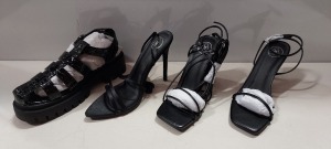 20 X BRAND NEW MIXED MISSGUIDED WOMANS SHOES TO INCLUDE VELCRO STRAP GRANDAD SANDALS / BLOK HEEL TIE UP HEELED SANDALS / CHUNKY CROC GLADIATOR FAT SHOE / WF BARELY THERE SQUARE TOE HIGH HEELS ETC - ALL IN BLACK - IN VARIOUS SZIES TO INCLUDE UK 5 / 6 / 7 /