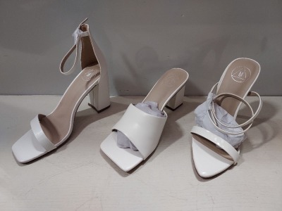20 X BRAND NEW MIXED MISSGUIDED WOMANS SHOES TO INCLUDE SQUARE TOE BLOCK HEEL MULE SANDALS / HIGH HEEL BLOCK BARELY THERE SANDALS / PATENT POINTED TOE HEELED SANDALS ETC - ALL IN WHITE - IN VARIOUS SIZES TO INCLUDE UK 4 / 5 // 8