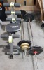 3 PIECE MIXED LOT CONTAINING 2 X METAL BARBELLS WITH PLATES INCLUDING 6 X 10 KG / 2 X 2.3 KG / 2 X 1.1 KG AND 1 X WONDER CORRE 2 HOME MULTI GYM MACHINE ( NO HANDLES )