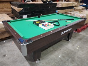 1 X DONNAY 7 FT POOL TABLE - INCLUDES BALLLS / CHALK / TRIANGLE AND CUES ( PLEASE NOTE THIS IS CUSTOMER RETURN - SLIGHT MOULD UNDER THE FRAME - NOT VISIBLE FROM THE OUTSIDE )