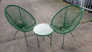 3 PC GREEN STRING BISTRO SET COMPRISING ROUND COFFEE TABLE WITH TEMPERED GLASS TOP AND 2 SINGLE CHAIRS - BRAND NEW, TABLE BOXED