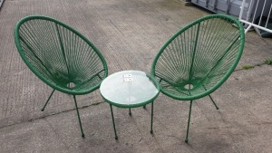 3 PC GREEN STRING BISTRO SET COMPRISING ROUND COFFEE TABLE WITH TEMPERED GLASS TOP AND 2 SINGLE CHAIRS - BRAND NEW, TABLE BOXED