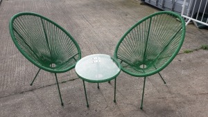 3 PC GREEN STRING BISTRO SET COMPRISING ROUND COFFEE TABLE WITH TEMPERED GLASS TOP AND 2 SINGLE CHAIRS - BRAND NEW, TABLE BOXED