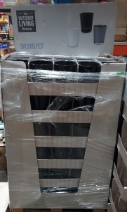 90 X BRAND NEW THE OUTDOOR LIVING ORCHID POTS / IN VARIOUS COLOURS TO INCLUDE WHITE / GREY AND BLACK - ON A PRESENTATION STAND