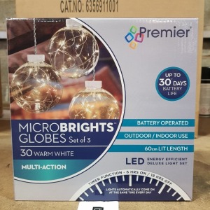 46 X BRAND NEW PREMIER BATTERY OPERATED INDOOR / OUTDOOR SET OF 3 MICROBRIGHTS GLOBES - 30 MULTI ACTION WARM WHITE LEDS - WITH TIMER FUNCTION - IN 4 BOXES