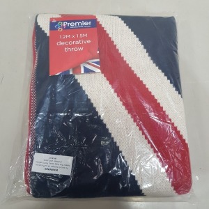 20 X BRAND NEW PREMIER 1.2 M X 1.5 M UNION JACK DESIGN DECORATIVE THROWS - 100 % COTTON - IN 5 BOXES OF 4