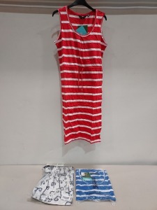 18 X BRAND NEW MIXED LOT CONTAINING 8 DESIGNER PISTACHIO 3 IN ONE SUMMER DRESS , 10 REGATTA FELIXA SUMMER DRESS STRIPED SLEEVELESS DRESS IN RED , NAVY AND BLUE MIXED SIZES (TOTAL RRP £450)