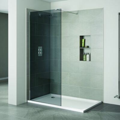 10 X BRAND NEW APRIL IDENTITI SMOKED GLASS WETROOM PANEL - WITH POLISHED SILVER ( 1200 X 1950 ) - ON 1 PLT (AP9406S)