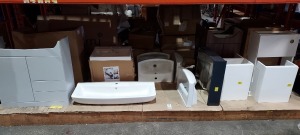 16 X BRAND NEW MIXED BATHROOM LOT CONTAINING 2 DOOR 2 DRAWER 850 BASE UNIT IN PEARL GREY MATT / ELATION KIYO 550 VANITY UNIT IN BARDOLINO OAK / ELATION 500 EC UNIT IN WHITE / ELATION WC UNIT IN DARK OAK / VARIOUS SINK BASINS / WALL HUNG MIRROR UNIT IN IND