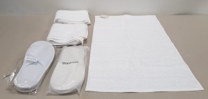 50 X BRAND NEW MIXED SUPERSOFT N DRY BATH / HAND / FACE TOWELS / CLOSES TOE SLIPPERS - ALL IN WHITE COLOUR IN VARIOUS SIZES - IN 1 BOX