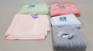 50 X BRAND NEW MIXED MUSBURY SUPERSOFT N DRY BATH / HAND / FACE TOWELS - ALL IN VARIOUS COLOUR IN VARIOUS SIZES TO INCLUDE SAGE PEACH / ROSE / SILVER / BATH GREEN / HAND BLUE - IN 1 BOX