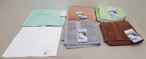 50 X BRAND NEW MIXED MUSBURY AND MISAGE SUPERSOFT N DRY BATH / HAND / FACE TOWELS - ALL IN VARIOUS COLOUR IN VARIOUS SIZES TO INCLUDE SAGE GREEN / SILVER / WHITE / PEACH / MOCHA - IN 1 BOX