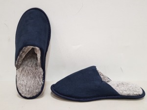 54 X BRAND NEW FAUX FUR SUEDE SLIPPERS - ALL IN NAVY - ALL IN SIZE L - IN 3 BOXES