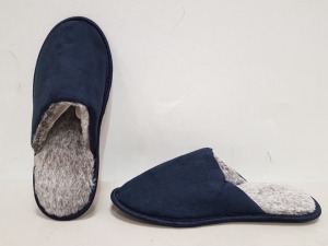 54 X BRAND NEW FAUX FUR SUEDE SLIPPERS - ALL IN NAVY - ALL IN SIZE L - IN 3 BOXES