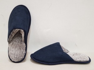 54 X BRAND NEW FAUX FUR SUEDE SLIPPERS - ALL IN NAVY - ALL IN SIZE L - IN 3 BOXES