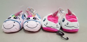 30 X BRAND NEW NIFTY KIDS UNICORN 3D SLIPPERS - IN WHITE AND PINK - IN MIXED SIZES TO INCLUDE KIDS UK 2-3 / 11-12 - IN 1 TRAY