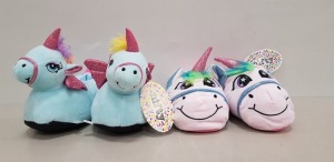 30 X BRAND NEW NIFTY KIDS UNICORN 3D SLIPPERS - IN WHITE AND BLUE - IN MIXED SIZES TO INCLUDE KIDS UK 2-3 / 11-12 - IN 1 TRAY