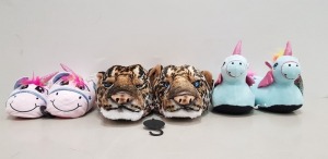 30 X BRAND NEW NIFTY KIDS UNICORN / TIGER / 3D SLIPPERS - IN MIXED COLOURS - IN MIXED SIZES TO INCLUDE KIDS UK 2-3 AND ADULTS UK 9 -10 - IN 1 TRAY