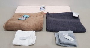 50 X BRAND NEW MIXED MUSBURY AND HOTEL ACCENTS SUPERSOFT N DRY BATH / HAND / FACE TOWELS - IN VARIOUS COLOURS AND SIZES TO INCLUDE PEACH / MOCHA / WHITE / GREY - IN 1 BOX