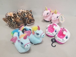 30 X BRAND NEW NIFTY KIDS UNICORN / TIGER / WHALE 3D SLIPPERS - IN MIXED COLOURS - IN MIXED SIZES TO INCLUDE KIDS UK 2-3 / 11-12 AND ADULTS UK 9 -10 - IN 1 TRAY