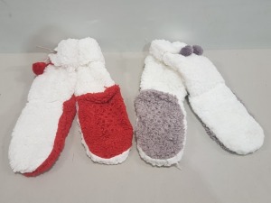 30 X BRAND NEW LOUNGEABLE BOUTIQUE LONG WOOLY SOCKS IN WHITE AND RED ( COUPLE ARE WHITE AND BROWN ) WITH GRIP SOLES - ALL IN SIZE UK 3- 5 - IN 1 TRAY