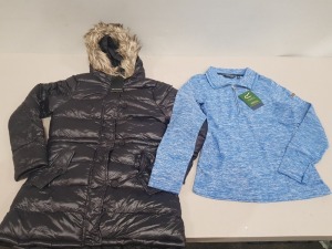 11 X PIECE BRAND NEW MIXED LOT CONTAINING WOMEN'S REGATTA LIGHTWEIGHT HALF ZIP COLLARED FLEECE IN BLUE FLECK SIZES 2 IN SIZE 8 , 2 IN SIZE 12 , 2 IN SIZE 18 , 1 IN SIZE 20 , WOMEN'S BRAVE SOUL PUFFER STYLE FAUX FUR HOODED JACKET'S IN BLACK SIZES 3 IN SIZE