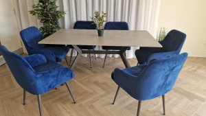 DINING TABLE WITH CERAMIC TOP AND SIX BLUE FABRIC DINING CHAIRS *** PLEASE NOTE: ASSETS ARE LOCATED HASLINGDEN, ROSSENDALE & WILL REQUIRE COLLECTION BY FRIDAY 11TH MAY - WINNING BIDDER WILL BE PROVIDED WITH FULL DETAILS AFTER PAYMENT ON REQUEST ***