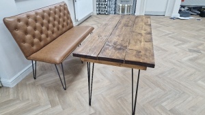 A CONTEMPORARY INDUSTRIAL STYLE DINING TABLE WITH HAIRPIN LEGS IN DARK WOOD WITH BOTTOMBACK LEATHERETTE TWO SEAT DINING STOOL *** PLEASE NOTE: ASSETS ARE LOCATED HASLINGDEN, ROSSENDALE & WILL REQUIRE COLLECTION BY FRIDAY 11TH MAY - WINNING BIDDER WILL BE 