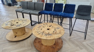 THREE GREY DINING STOOLS IN LEATHERETTE 3 BLUE DINING STOOLS IN VELVET STYLE FABRIC ONE GREY DINING STOOL IN VELVET STYLE FABRIC, TWO CABLE DRUM WHEELED COFFEE TABLES *** PLEASE NOTE: ASSETS ARE LOCATED HASLINGDEN, ROSSENDALE & WILL REQUIRE COLLECTION BY 