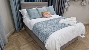 DOUBLE DEVAN BED WITH MATTRESS, HEADBOARD, DUVET & PILLOWS, ALL LINEN, CUSHIONS, BED THROW AND TOWEL SET *** PLEASE NOTE: ASSETS ARE LOCATED HASLINGDEN, ROSSENDALE & WILL REQUIRE COLLECTION BY FRIDAY 11TH MAY - WINNING BIDDER WILL BE PROVIDED WITH FULL DE